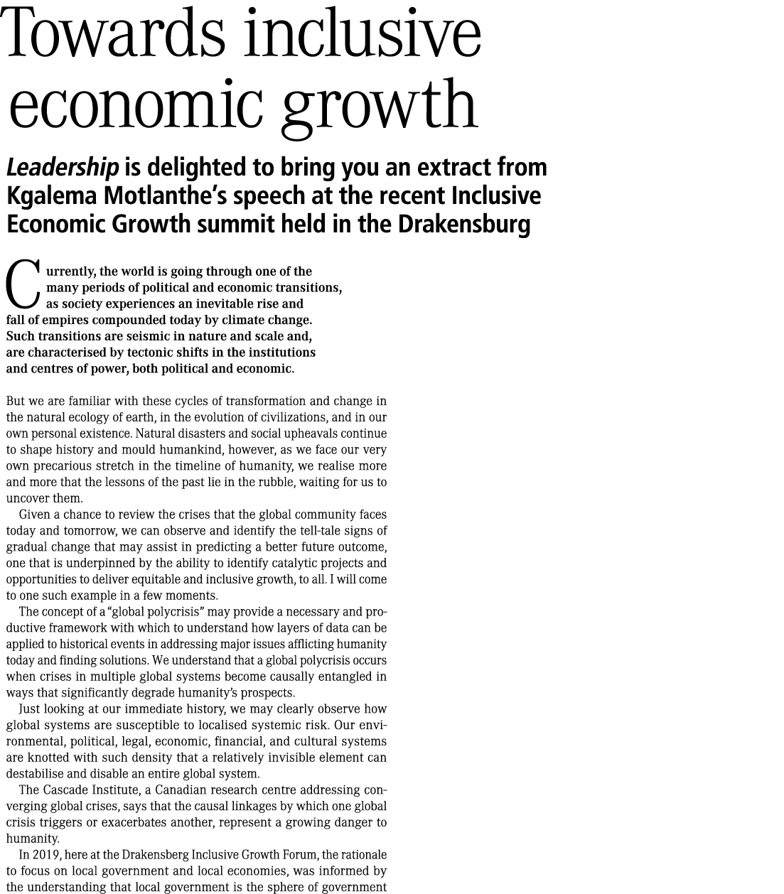 Towards inclusive economic growth Leadership is delighted to bring you an extract from Kgalema Motlanthe’s speech at ...