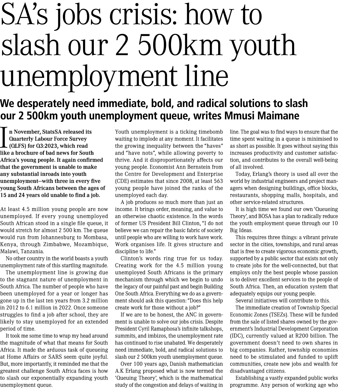 SA’s jobs crisis: how to slash our 2 500km youth unemployment line We desperately need immediate, bold, and radical s...