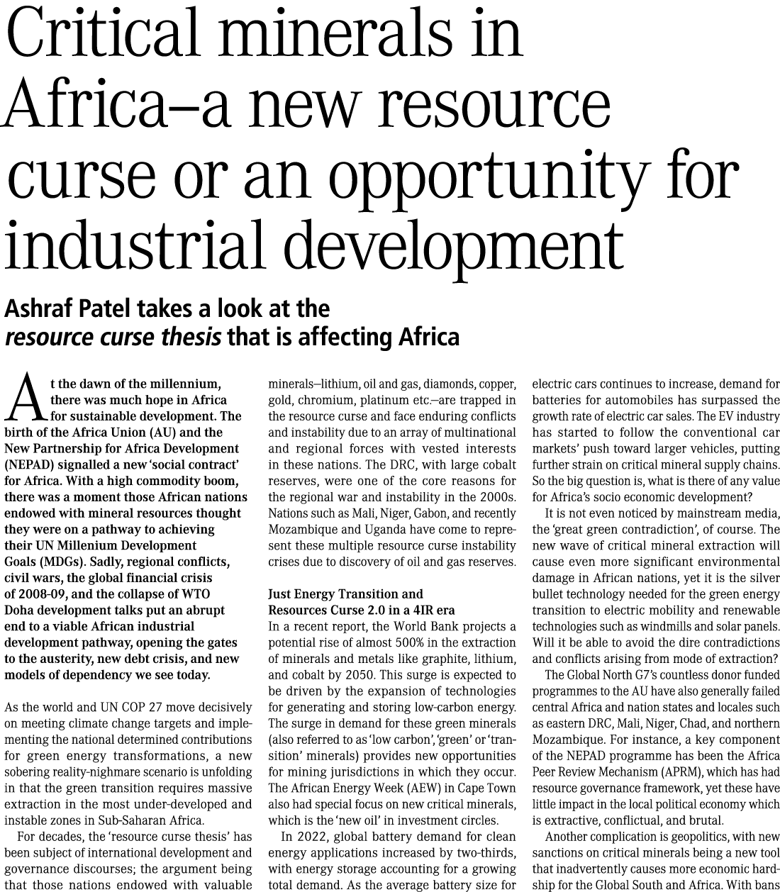 Critical minerals in Africa–a new resource curse or an opportunity for industrial development Ashraf Patel takes a lo...