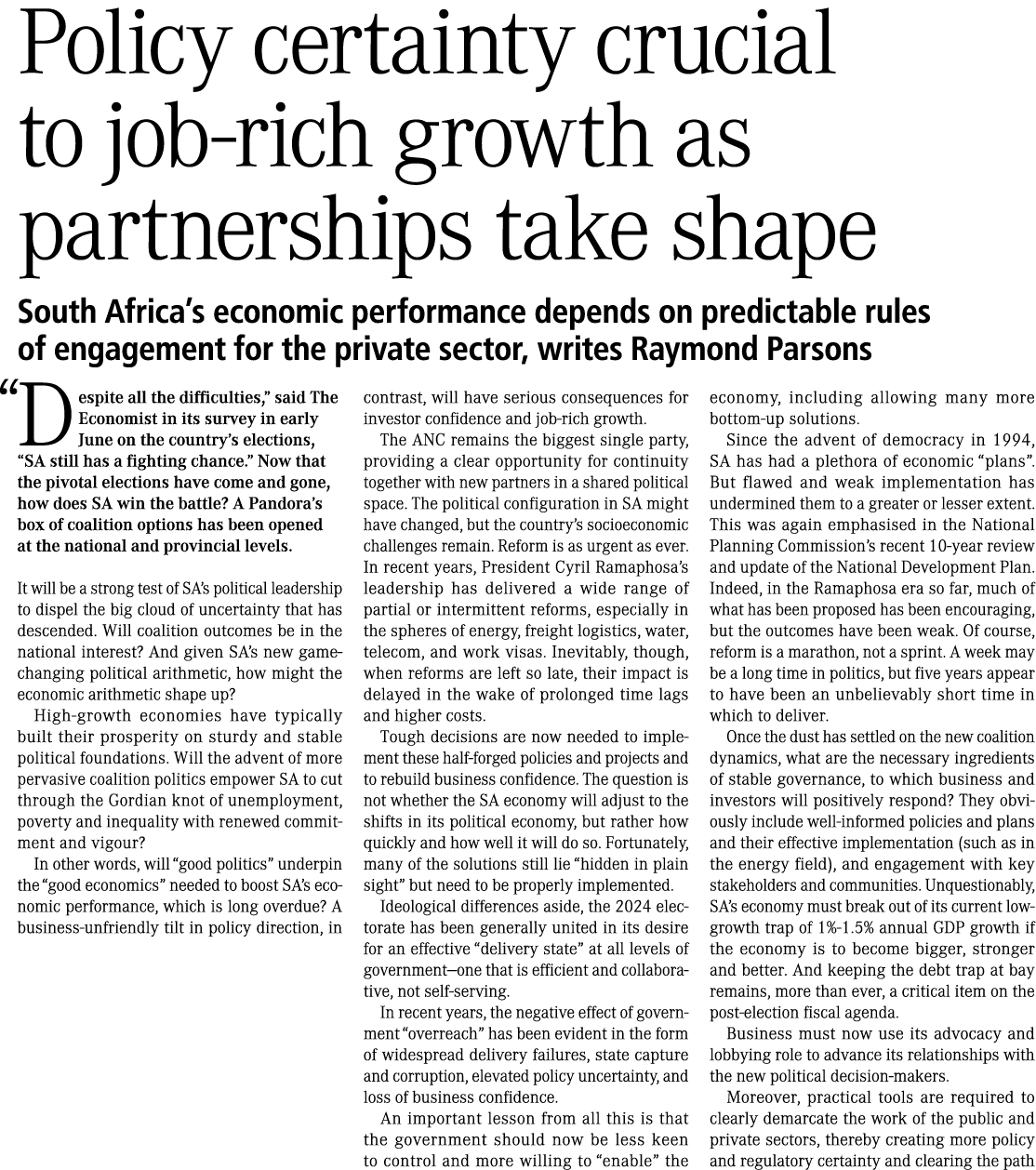 Policy certainty crucial to job-rich growth as partnerships take shape South Africa’s economic performance depends on...